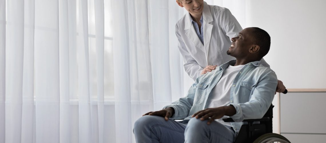 Nurse, doctor and health care, professional helping to person with disabilities